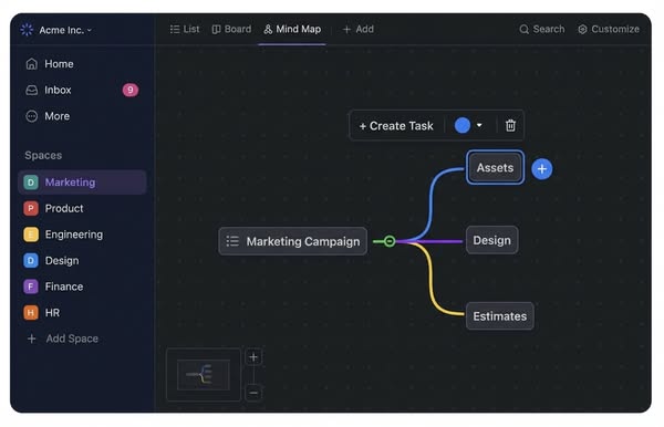 ClickUp: Mindmap einer Marketingkampagne